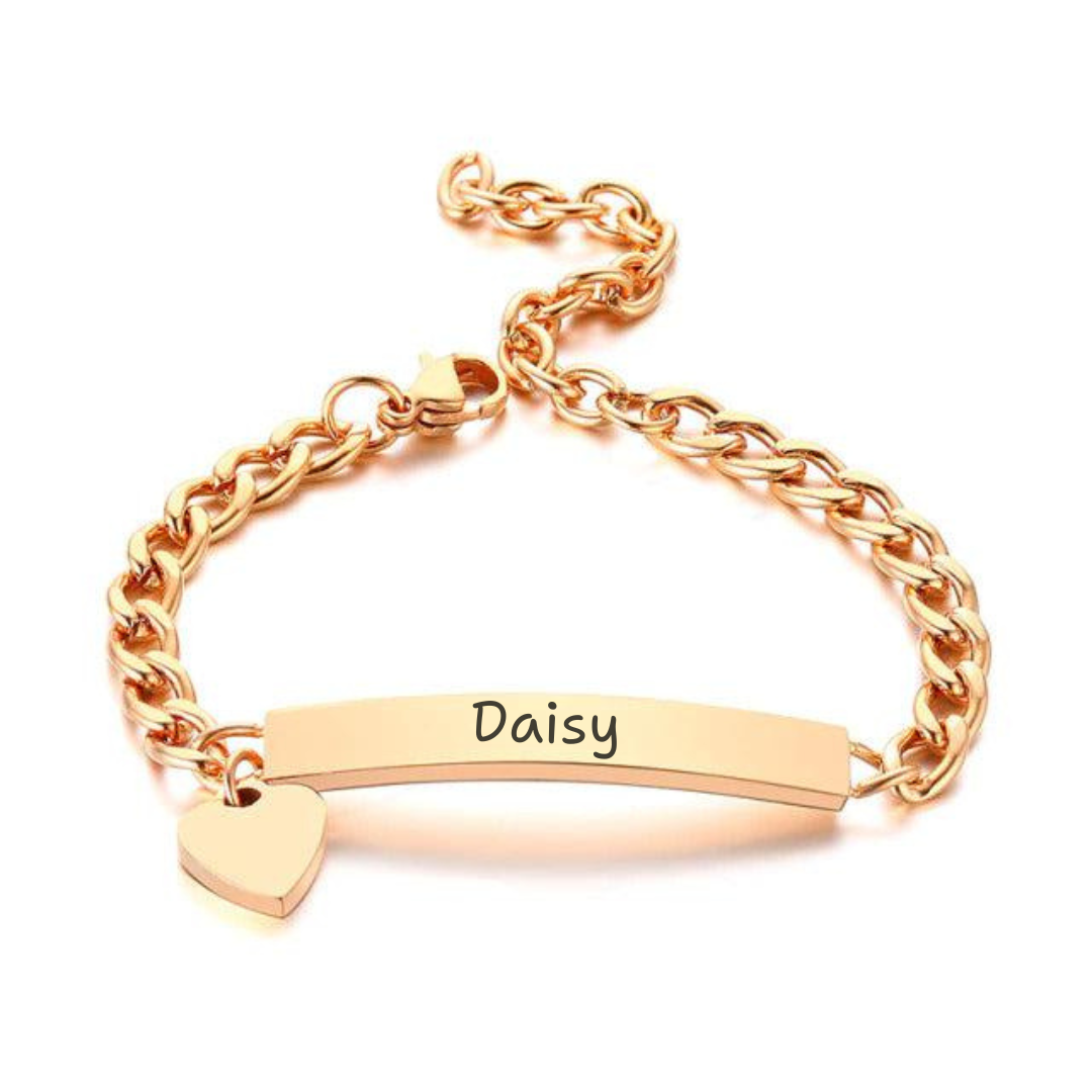 Personalised Kids & Tweens ID Bracelet with Heart Charm - Rose Gold