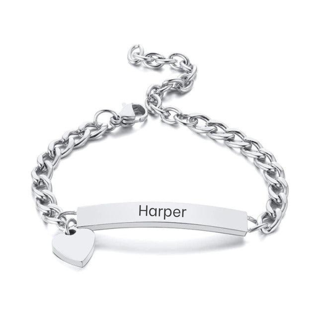 Personalised Kids & Tweens ID Bracelet with Heart Charm - Silver