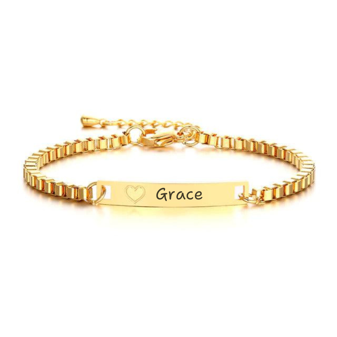 Personalised Kids and Tweens ID Bracelet with Heart - Gold