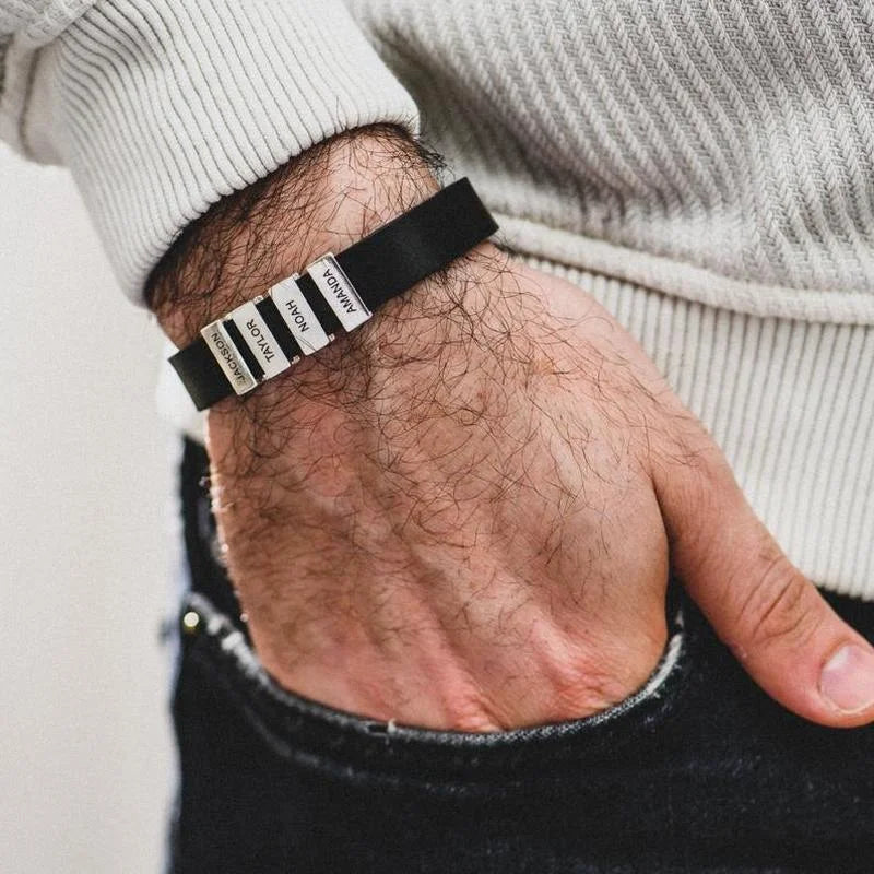 Men’s Black Leather Bracelet with Custom Beads