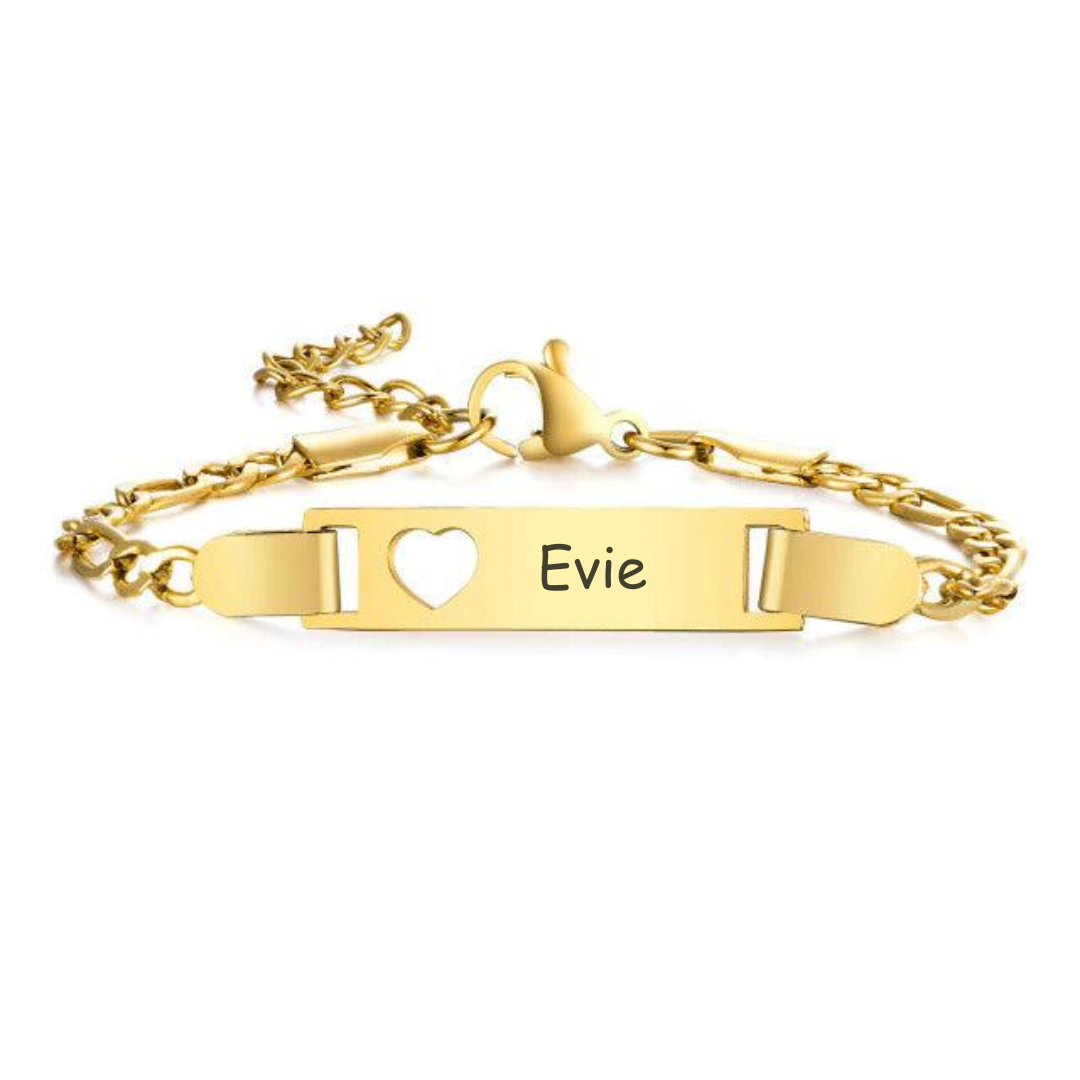 Engravable Child ID Bracelet with Heart in Gold Colour