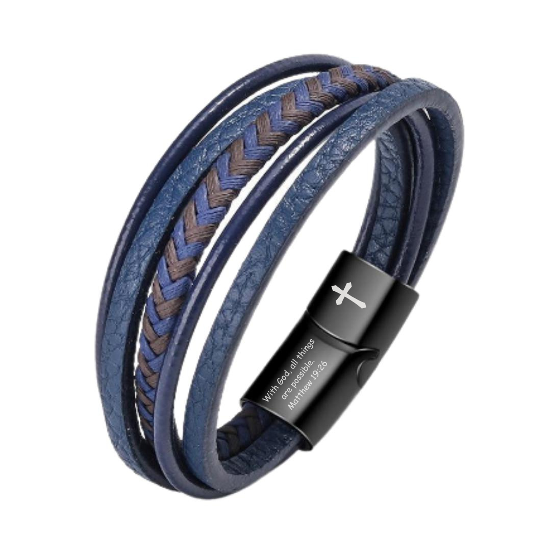 Personalised Blue & Brown Leather Bracelet