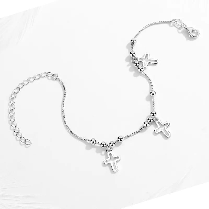 Adjustable Sterling Silver Triple Cross Bracelet-Cross Bracelet-Auswara