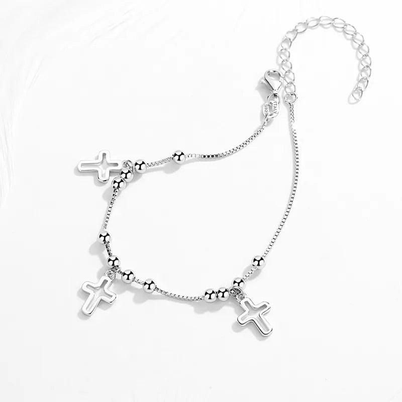 Adjustable Sterling Silver Triple Cross Bracelet-Cross Bracelet-Auswara