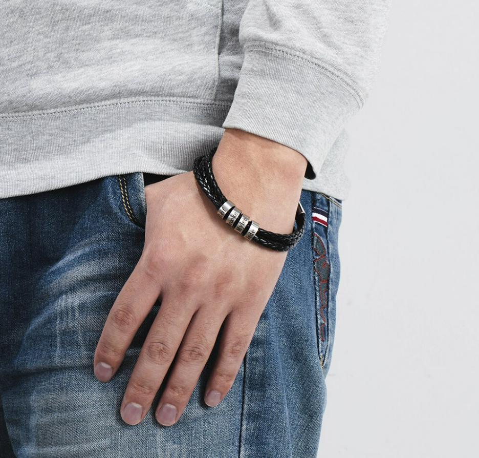 Black Braided Men Leather Bracelet with Customised Beads (Copy 08 2024)-Personalised Bracelet-Auswara