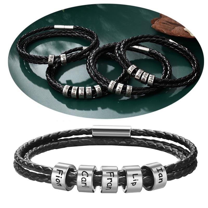 Black Braided Men Leather Bracelet with Customised Beads (Copy 08 2024)-Personalised Bracelet-Auswara