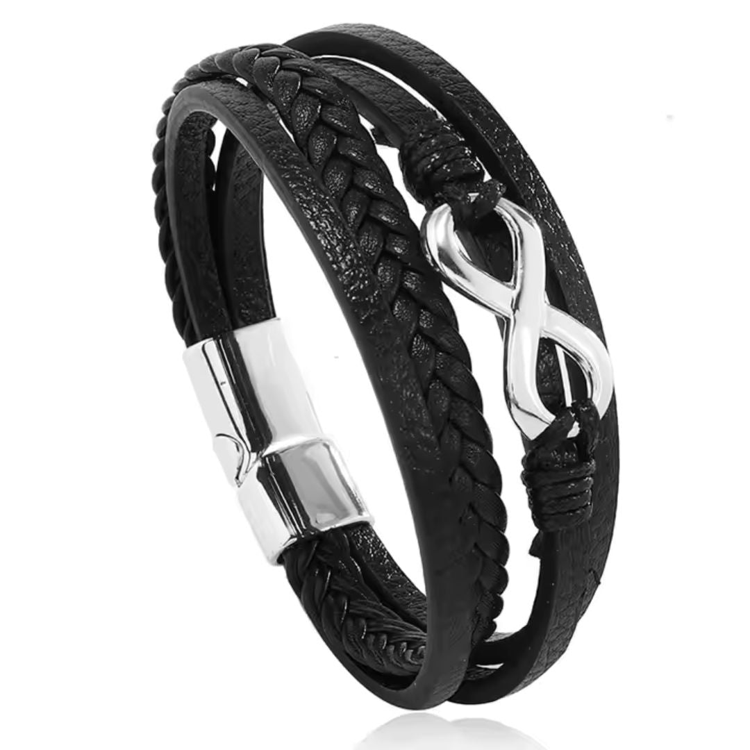 Black Infinity Leather Bracelet for Men – Custom Engraved Clasp-Personalised Bracelet-Auswara