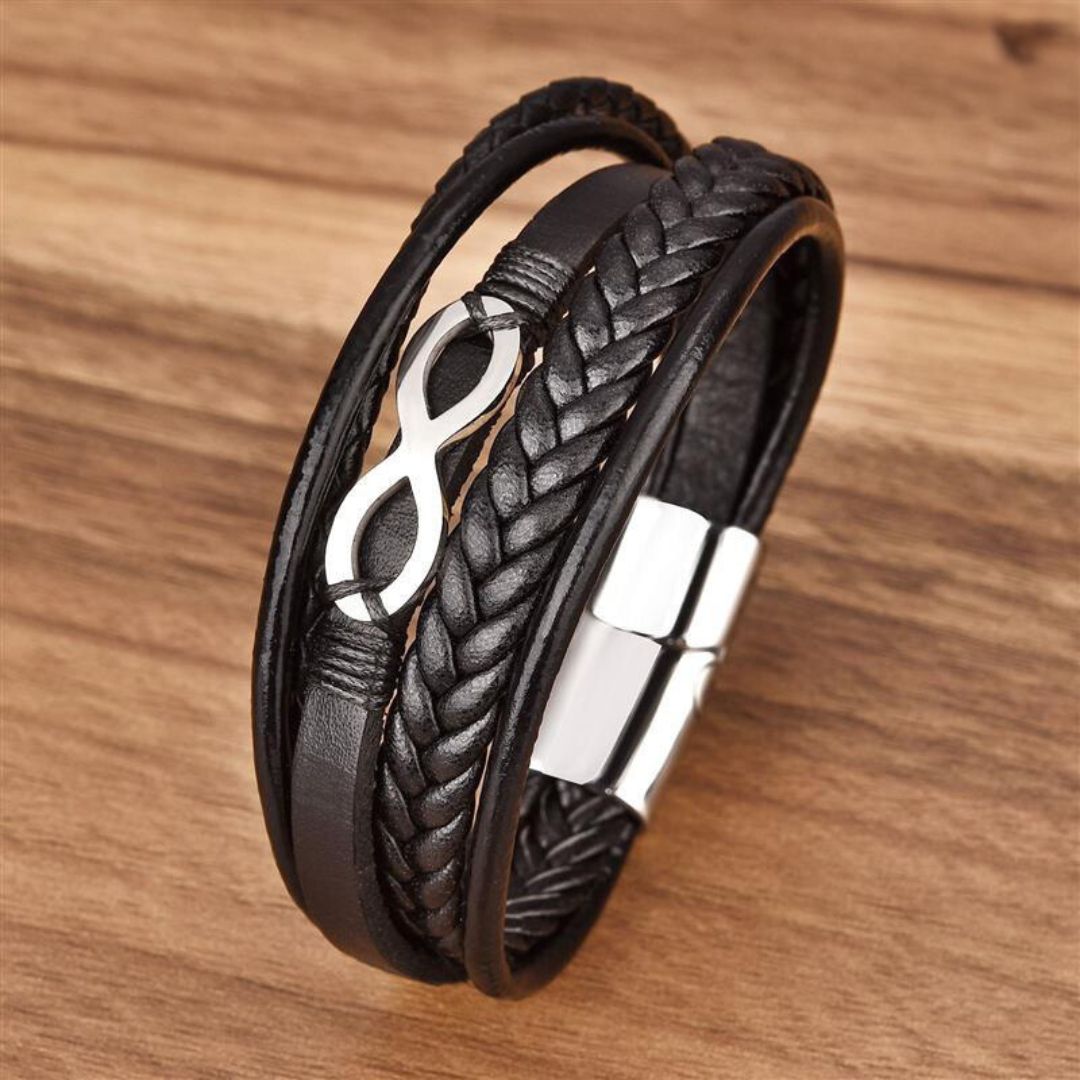 Black Infinity Leather Bracelet for Men – Custom Engraved Clasp-Personalised Bracelet-Auswara