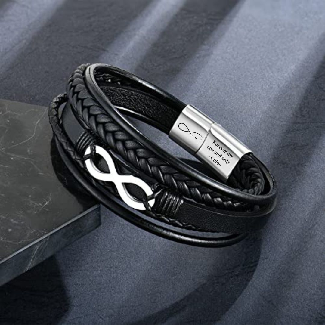 Black Infinity Leather Bracelet for Men – Custom Engraved Clasp-Personalised Bracelet-Auswara