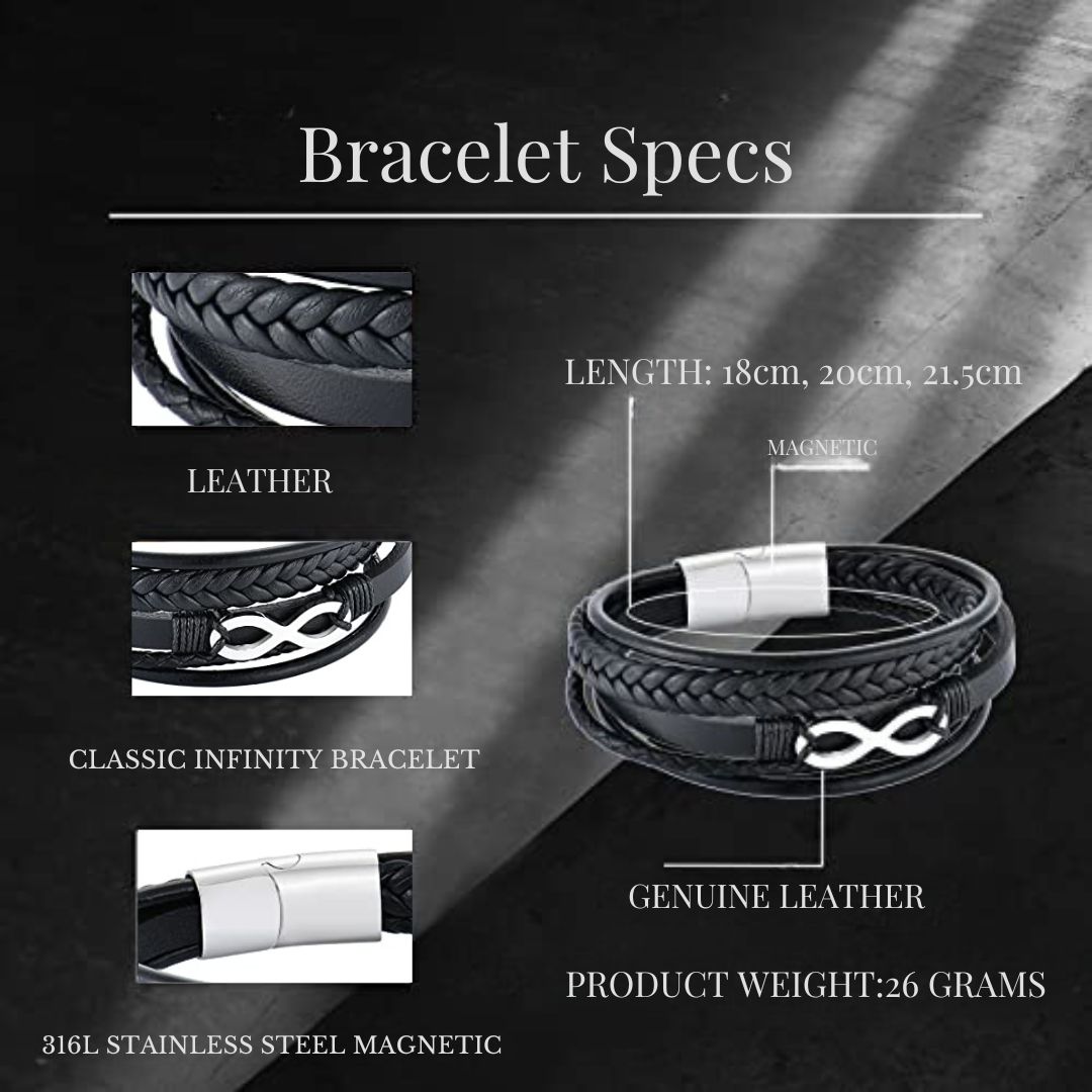 Black Infinity Leather Bracelet for Men – Custom Engraved Clasp-Personalised Bracelet-Auswara