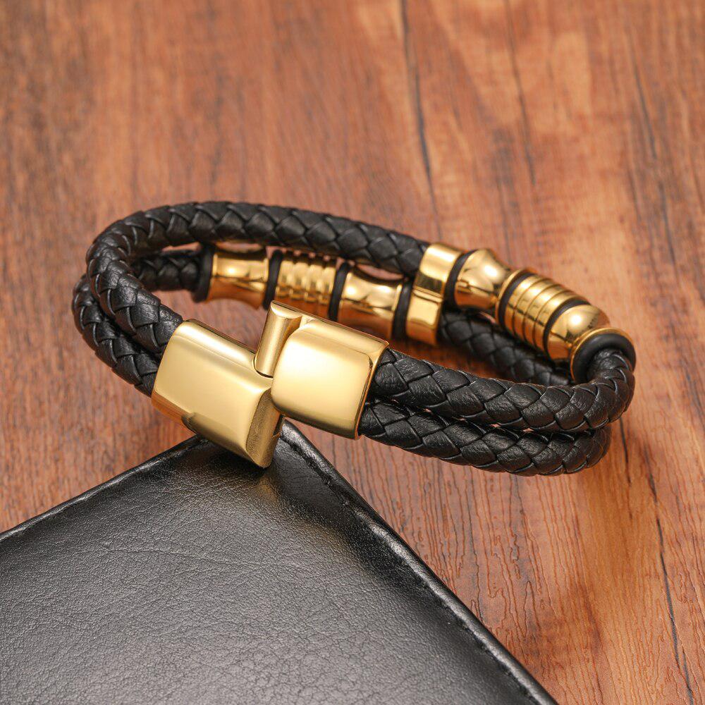 Black Leather Bracelet with Gold Colour Patterns-Leather Bracelet-Auswara