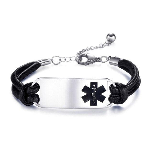 Black Leather Medical Alert ID Bracelet with Black Logo-Medical ID Bracelet-Auswara