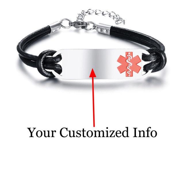 Black Leather Medical Alert ID Bracelet with Red Logo Auswara