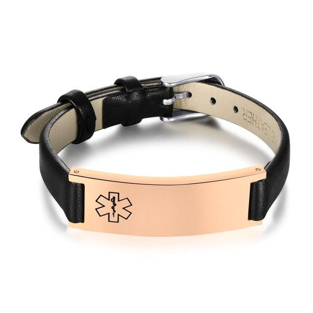 Black Leather Medical Alert ID Bracelet with Rose Gold Bar-Medical ID Bracelet-Auswara