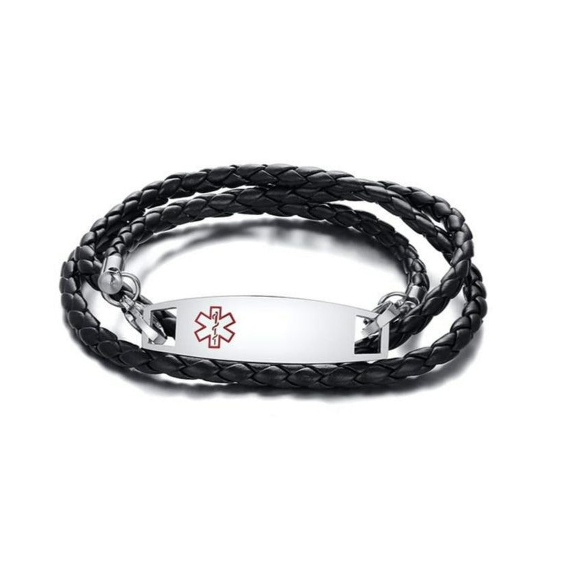 Black Leather Medical Alert ID Bracelet-Medical ID Bracelet-Auswara