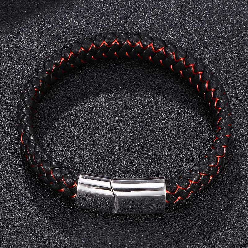 Black & Red Personalised Braided Leather for Men-Personalised Bracelet-Auswara