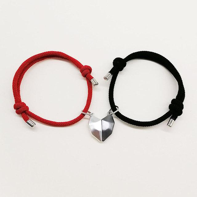 Black & Red Rope Magnetic Heart Couples Bracelet Set - Auswara