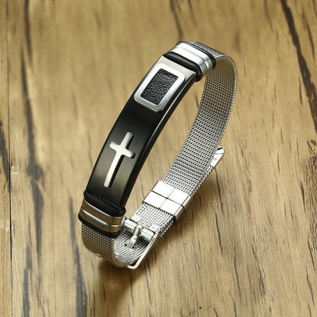 Black Silver Colour Cross Mesh Christian Bracelet-Cross Bracelet-Auswara