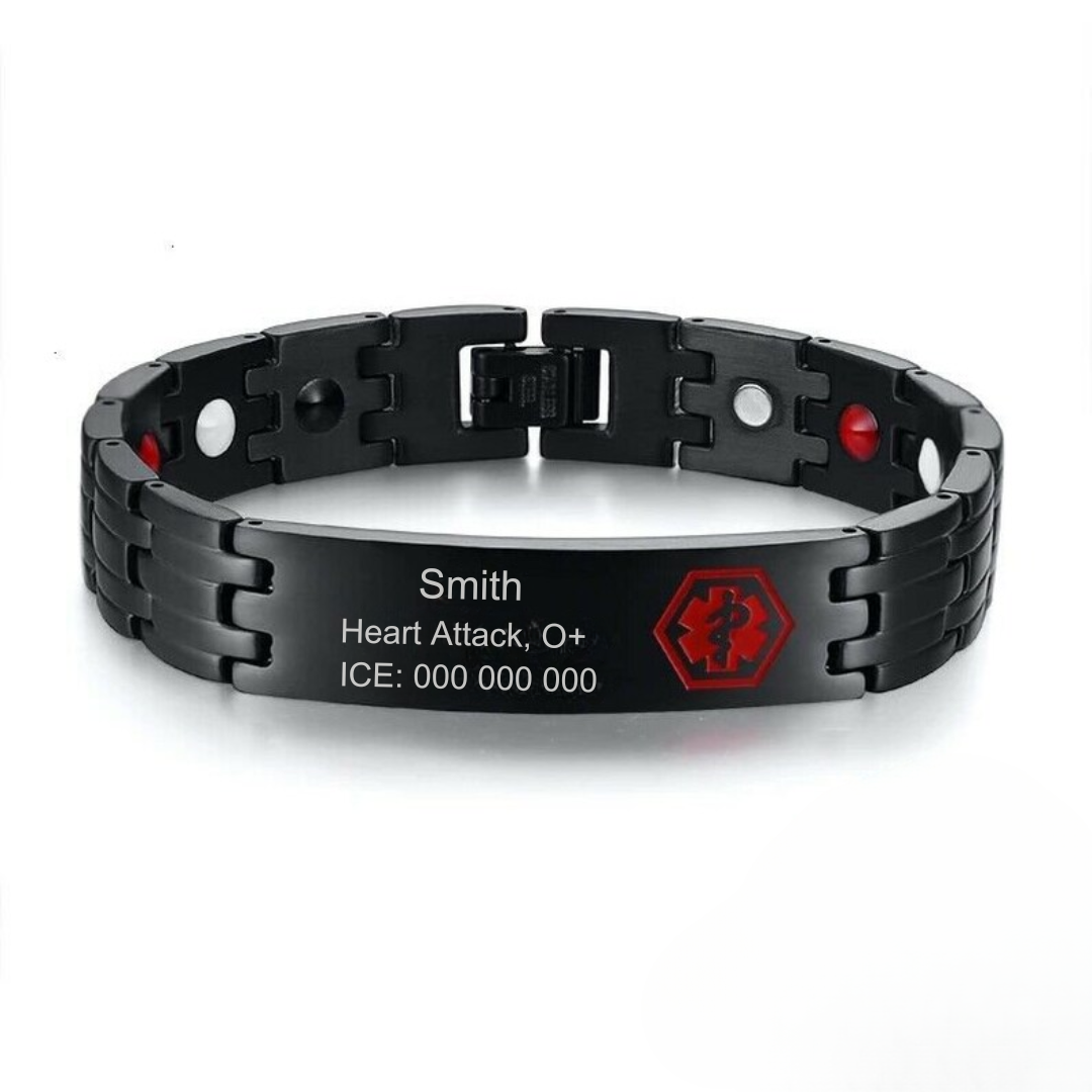 Black Stainless Steel Medical Alert ID Bracelet for Men