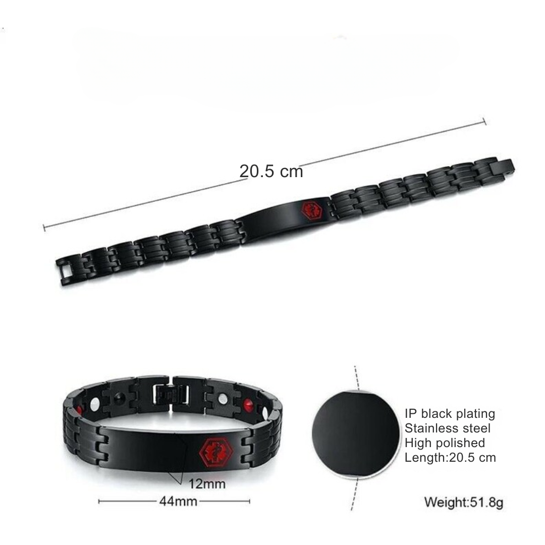 Black Stainless Steel Medical Alert ID Bracelet for Men