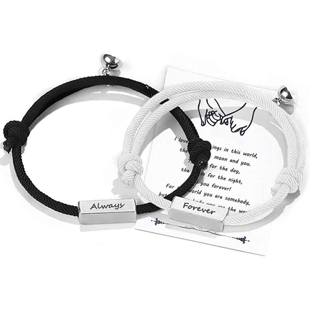 Black & White Personalised Engraved Magnetic Couple Bracelet Set with Silver Bar-Couple Bracelet-Auswara