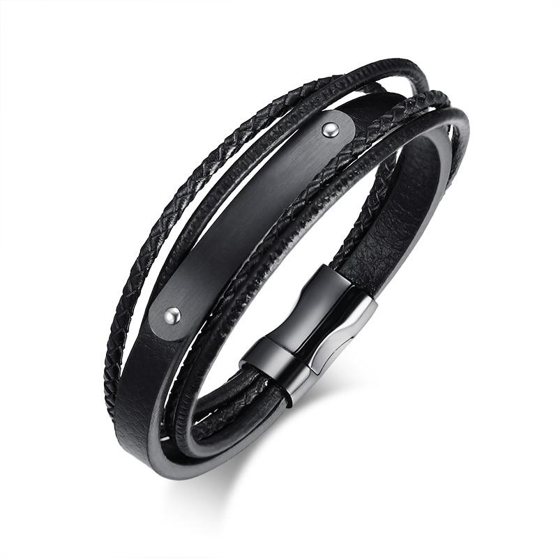 Black leather bracelet with engravable black bar-Personalised Bracelet-Auswara