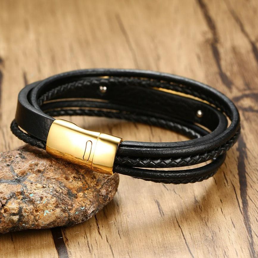 Black leather bracelet with engravable gold bar-Personalised Bracelet-Auswara