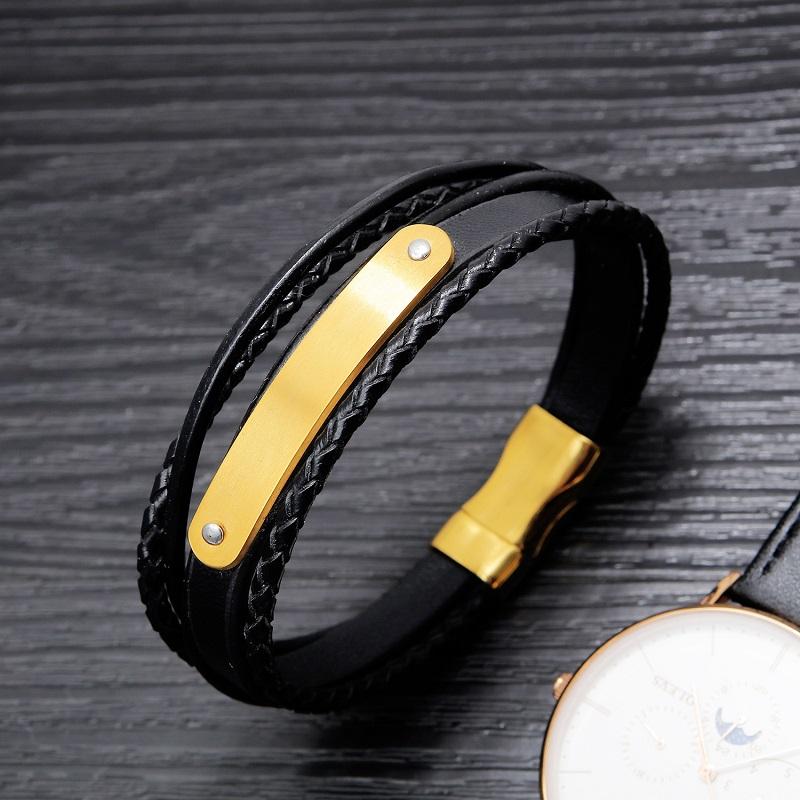 Black leather bracelet with engravable gold bar-Personalised Bracelet-Auswara