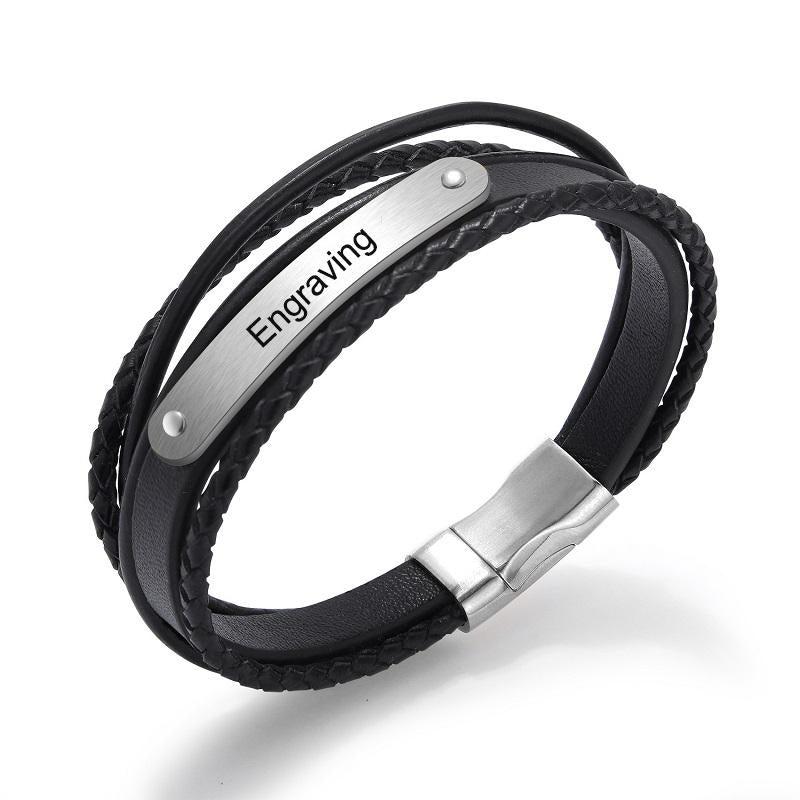 Black leather bracelet with engravable silver bar-Personalised Bracelet-Auswara