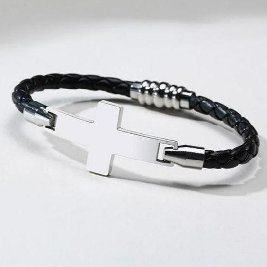 Braided Leather Silver Cross Charm Christian Bracelet Auswara
