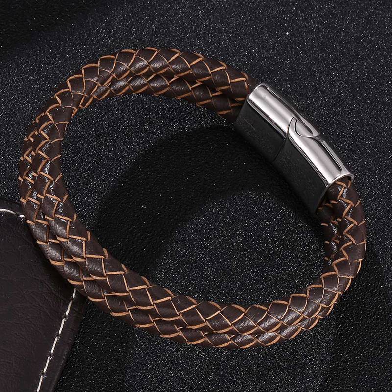 Brown Double Braided Personalised Leather Bracelet-Personalised Bracelet-Auswara