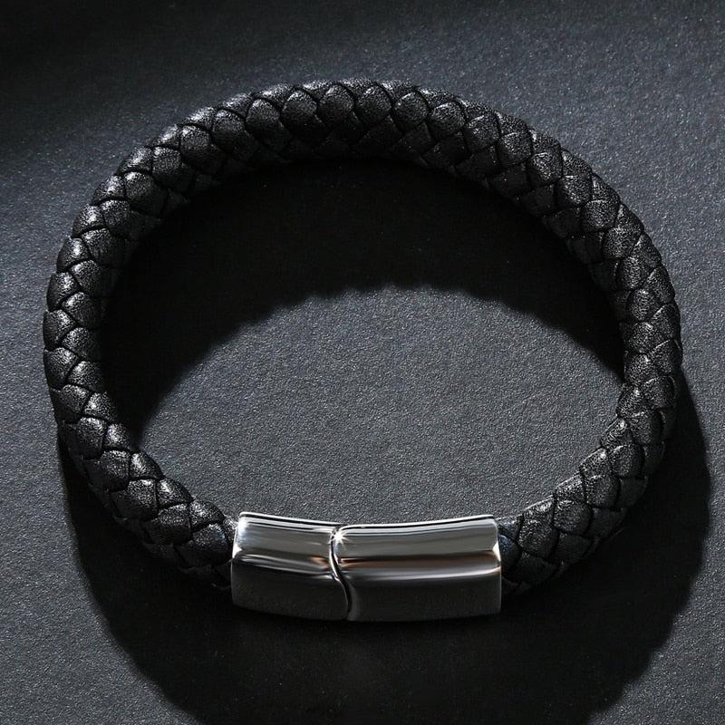 Classic Black Leather Bracelet With Silver Clasp-Personalised Bracelet-Auswara