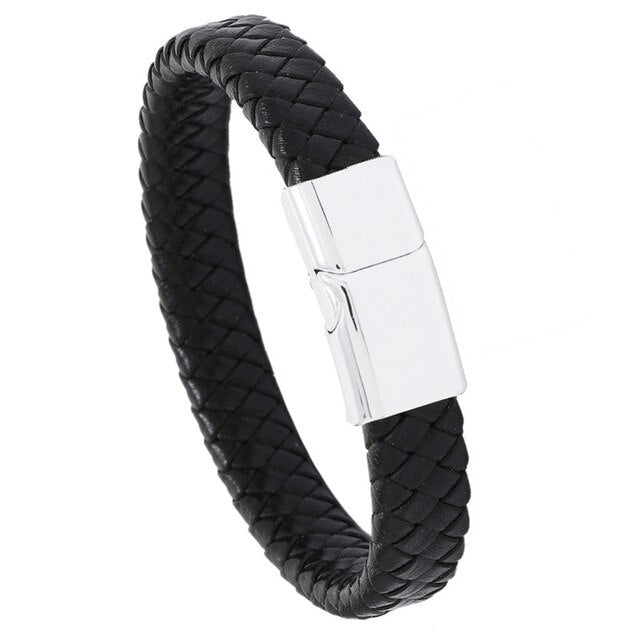 Classic Black Leather Bracelet With Silver