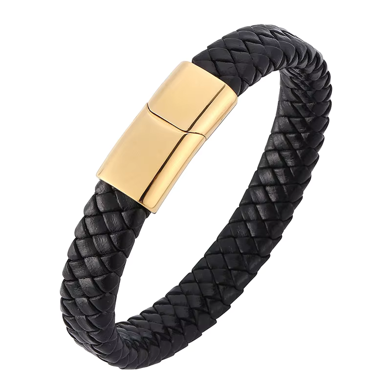 Luxe Black Leather Bracelet with Custom Gold Clasp