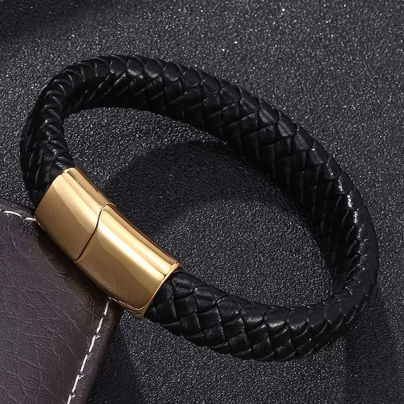 Luxe Black Leather Bracelet with Custom Gold Clasp