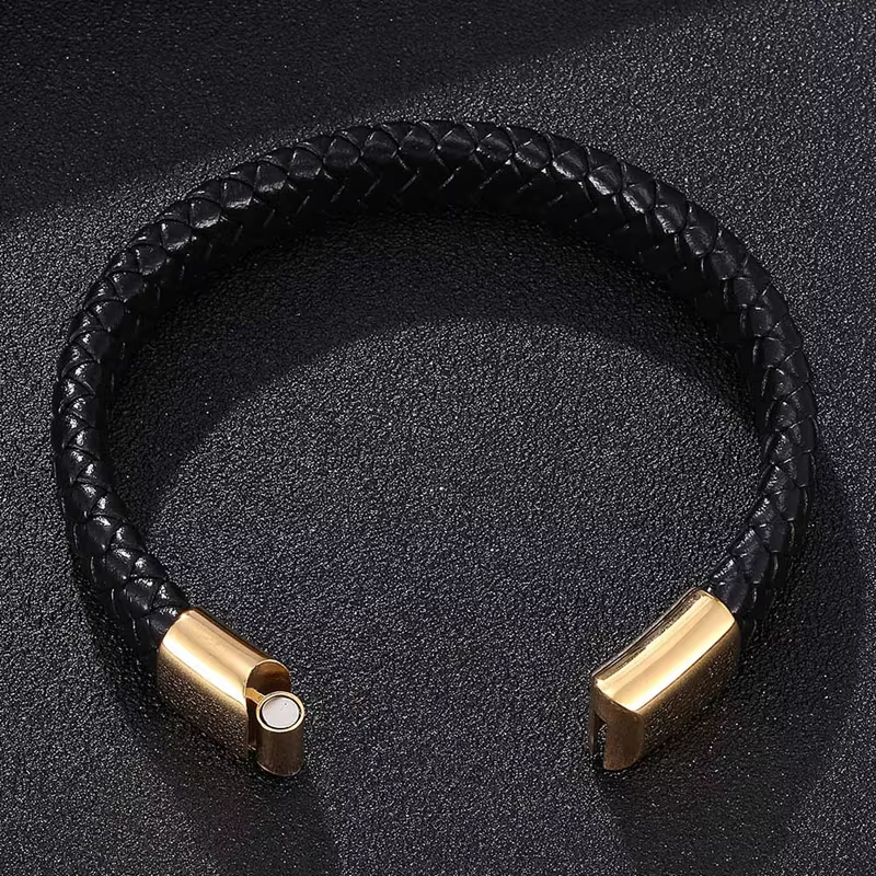 Luxe Black Leather Bracelet with Custom Gold Clasp