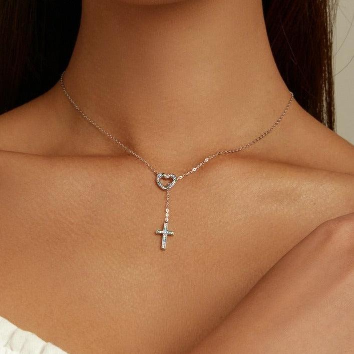 Coloured Zirconia Heart and Cross Pendant Necklace in Sterling Silver-Cross Necklace-Auswara