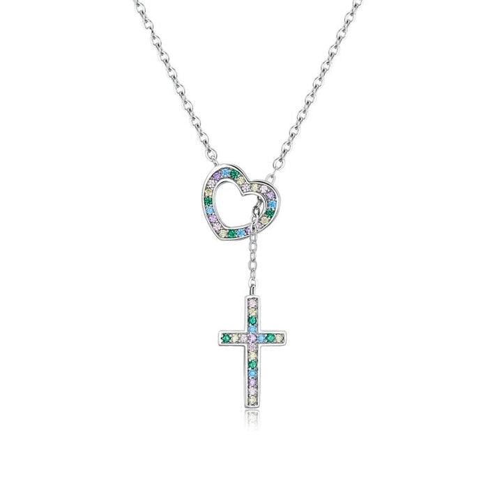 Coloured Zirconia Heart and Cross Pendant Necklace in Sterling Silver-Cross Necklace-Auswara