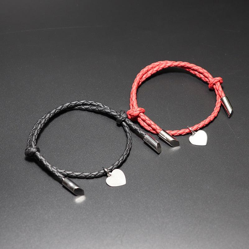 Couples Leather Bracelet with Personalised Heart Charm - Red & Black-Couple Bracelet-Auswara