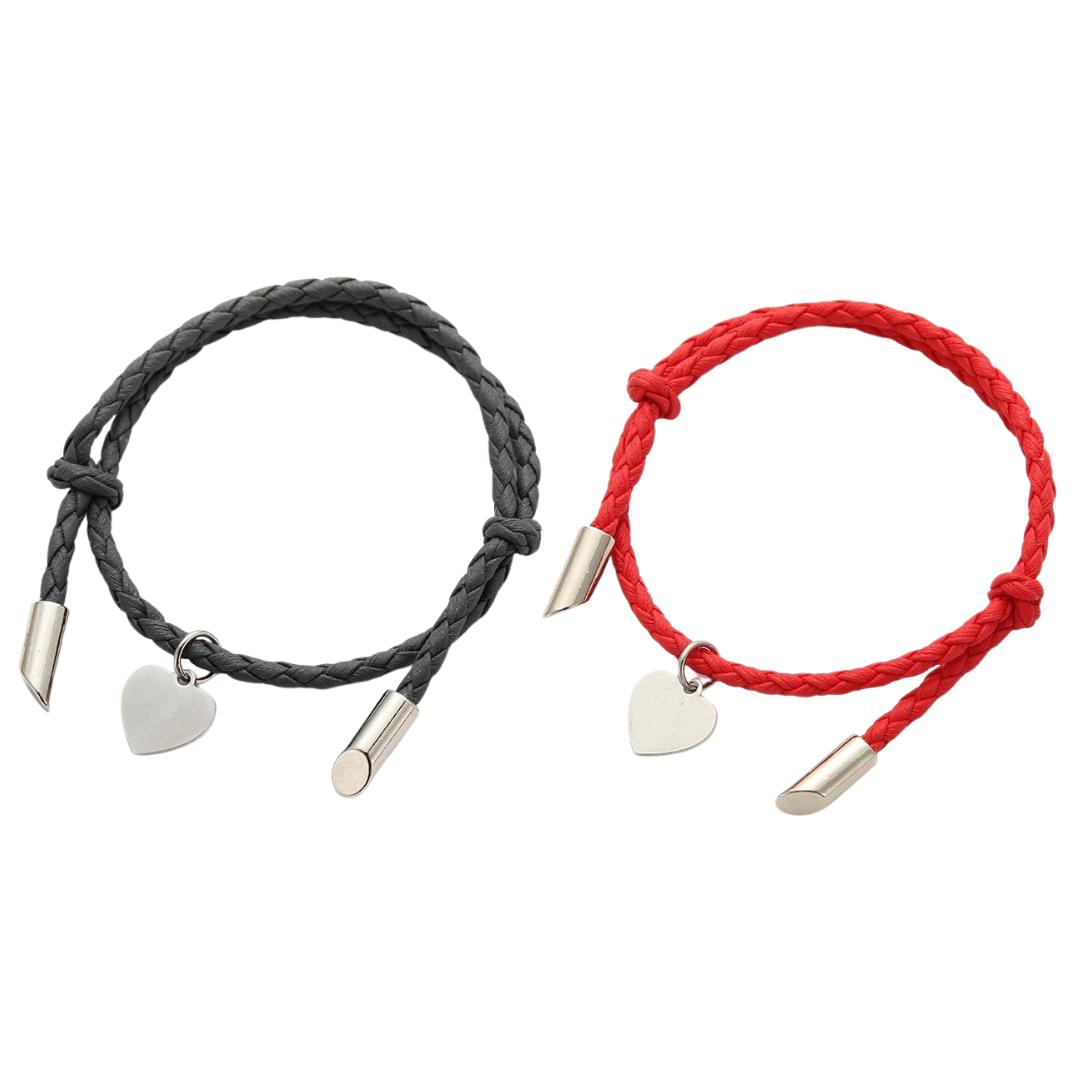 Couples Leather Bracelet with Personalised Heart Charm - Red & Black-Couple Bracelet-Auswara