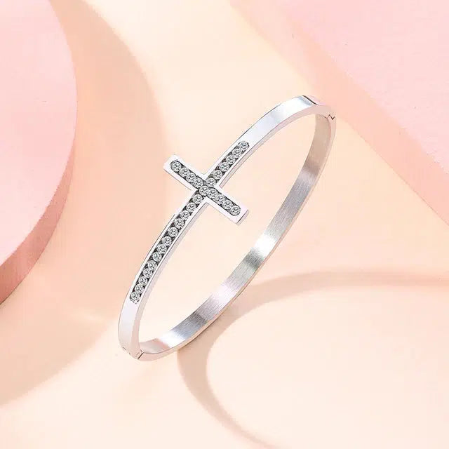 Cross Bangle with Cubic Zirconia for Women-Cross Bracelet-Auswara