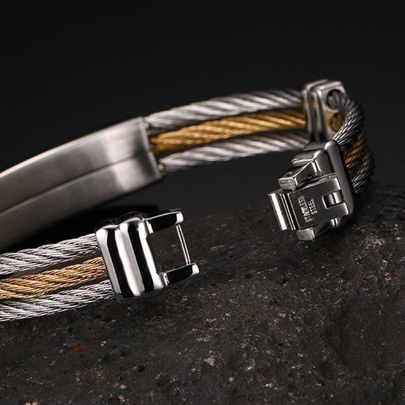 Cross Bracelet in Silver and Gold Braided Steel-Cross Bracelet-Auswara