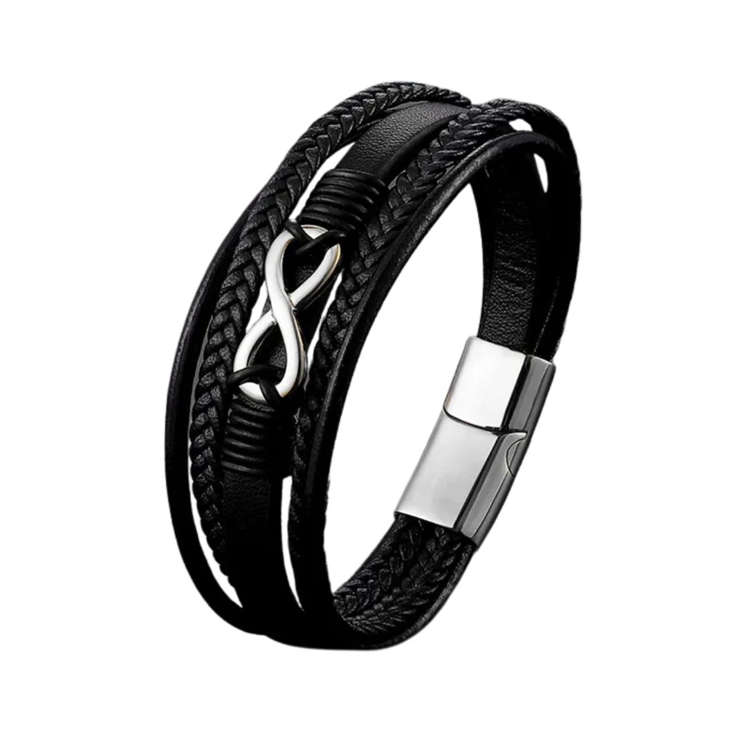 Personalised Black Leather Stainless Steel Infinity Bracelet