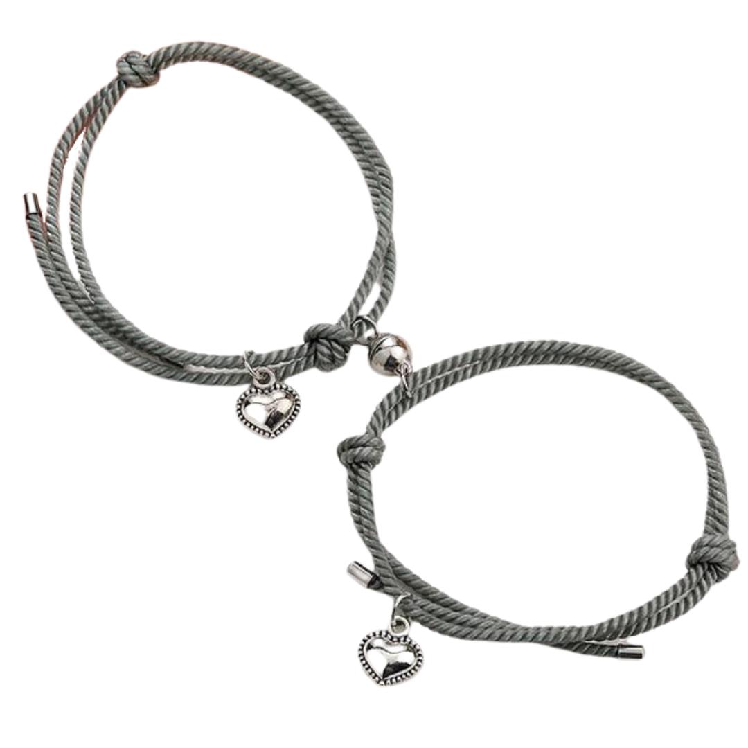 Dark Grey Magnetic Couple Rope Bracelets with Hearts-Couple Bracelet-Auswara