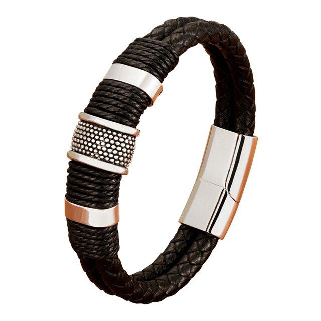 Double Braided Leather Layer with Classic Steel-Leather Bracelet-Auswara