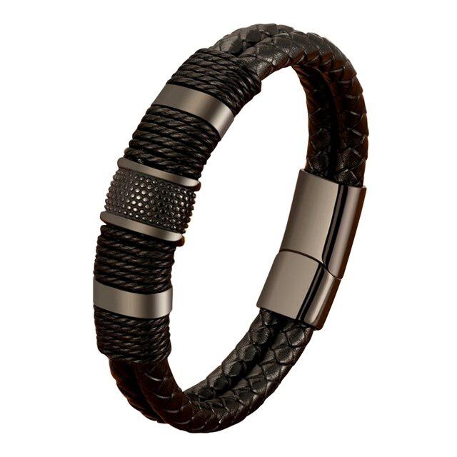 Double Braided Leather Layer with Classic Steel-Leather Bracelet-Auswara