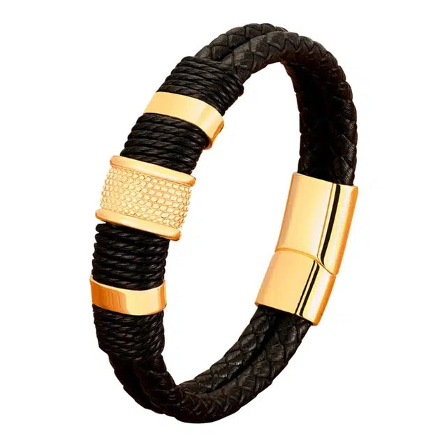 Double Braided Leather Layer with Classic Steel-Leather Bracelet-Auswara