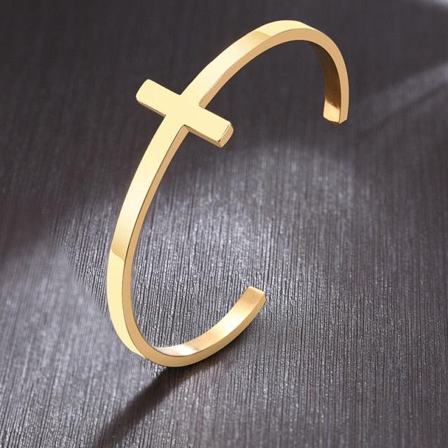 Engravable Unisex Gold Colour Cross Cuff Christian Bracelet