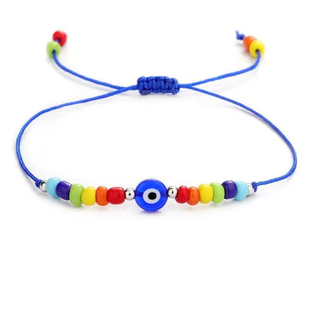 Evil Eye Blue Rope Bracelet with Multicolour Beads-Evil Eye Bracelet-Auswara