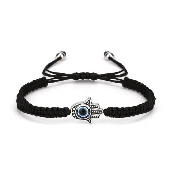 Evil Eye Hamsa Protection in Black Braided Rope Bracelet-Evil Eye Bracelet-Auswara